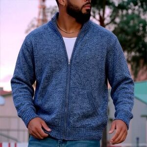 Peruvian Soul Baby Alpaca Cardigan Sweater‎ Mens XL Full Zip Mock Heather Navy